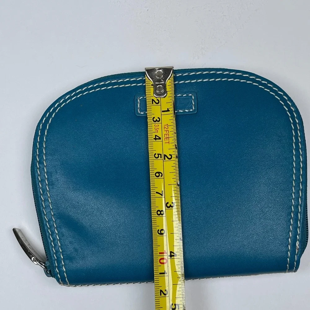 Fossil Jewelry Organizer Travel Case Teal Blue Leather Contrast Stitch Zip Pouch